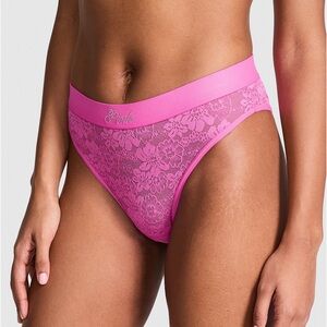 PINK VICTORIA’S SECRET Bling Logo Brazilian  Floral Lace Panty Pink Gossip M